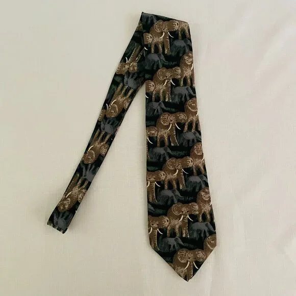 Jim Valvano Collection One Mens Necktie 58 in x 3.75 in w/ Elephants Silk Safari - Picture 2 of 6